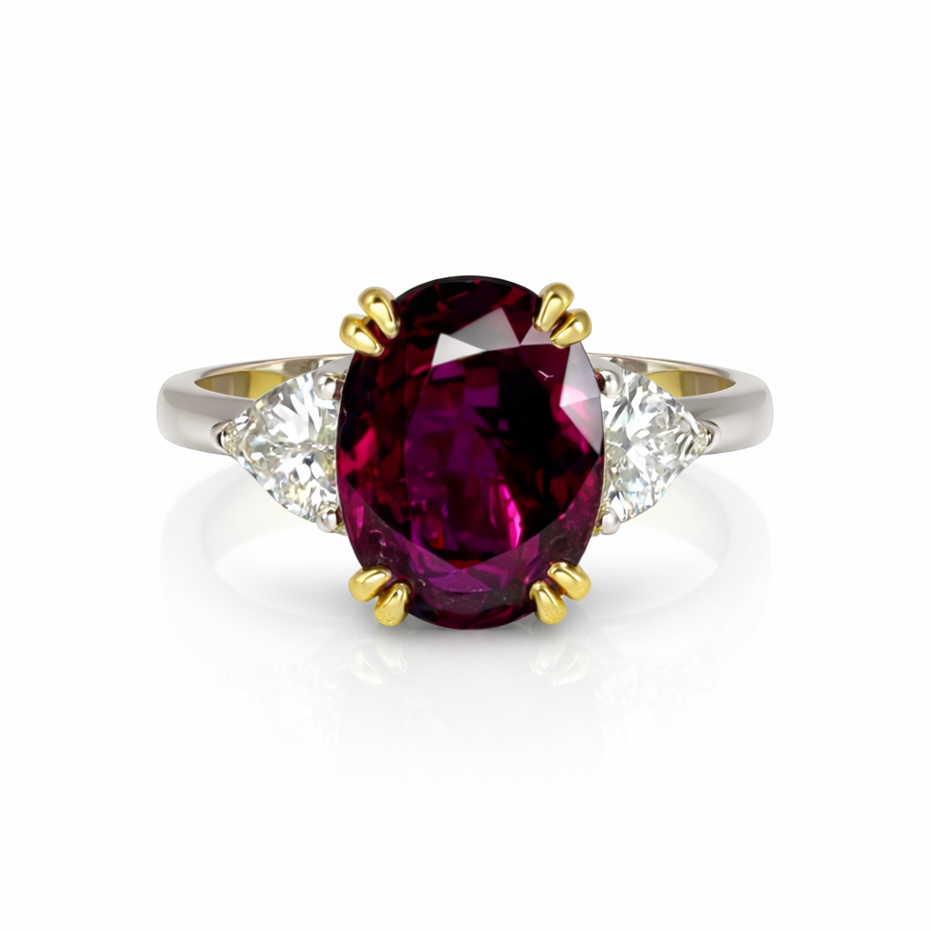 3.28ct Ruby, Oval, Red, Thailand
Ru 3.28 (AGL)
Dia 2/.34
Plat. & 18KY gemstone, 10 x 7.5MM, item #7279